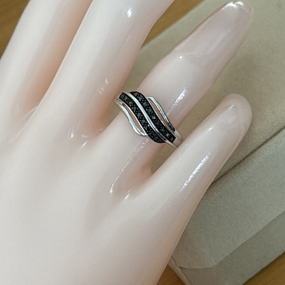Sterling Silver Genuine Natural Black Diamond Double Wave Ring Size 7